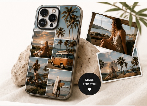 A CASETICS custom phone case made from a photo collage, leaning on a rock next to two printed photos