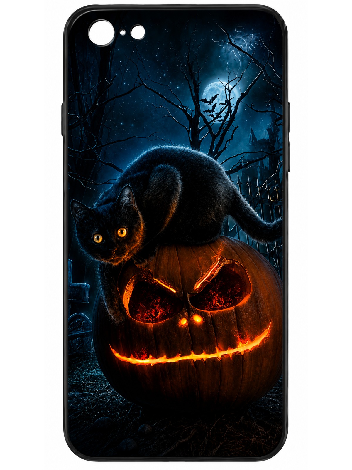 Midnight Black Cat & Fiery Pumpkin Halloween Night