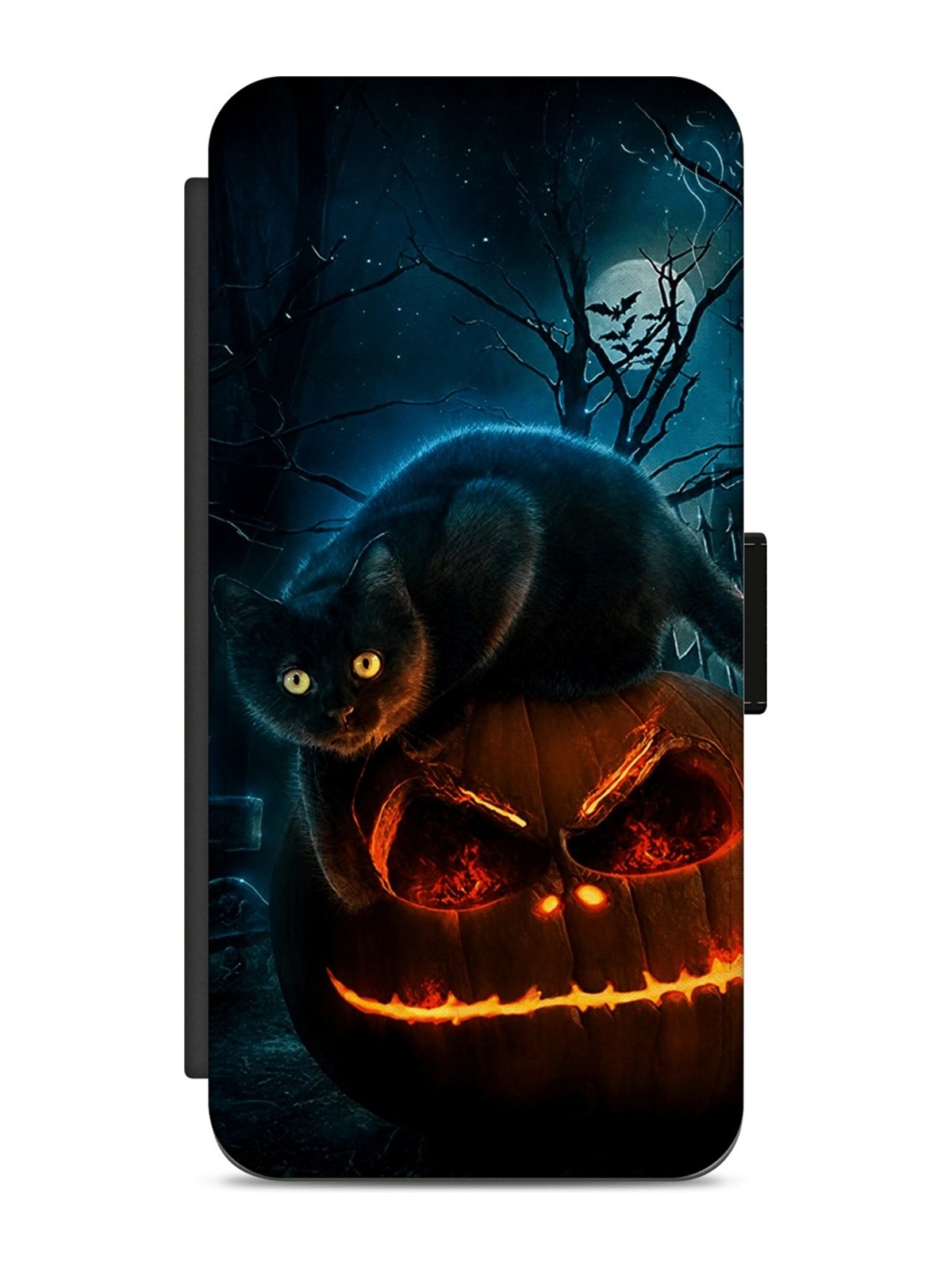 Midnight Black Cat & Fiery Pumpkin Halloween Night