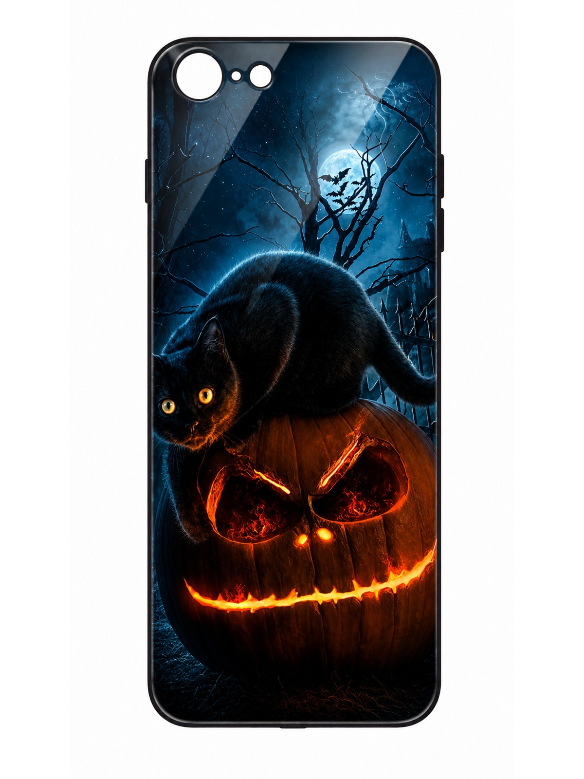 Midnight Black Cat & Fiery Pumpkin Halloween Night